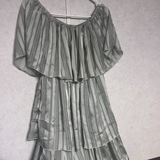 Blue Buttercup Sage & Cream Striped Plissé Tiered Ruffle Maxi Dress Fairy