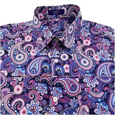 Alan Flusser Paisley Shirt Men's Large Purple Floral Button Up Long Sleeve