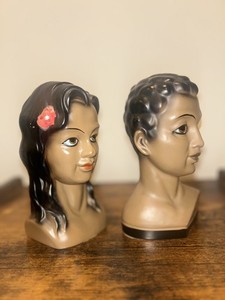 Vintage Set of 2 Hawaiian Marwall Chalkware Busts Polynesian people 7" Tall RARE