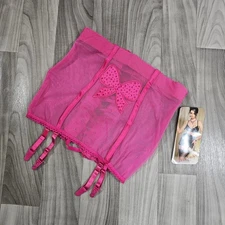 Y2K Shirley of Hollywood High Waisted Mesh Garter Belt Skirt, Pink, Size M