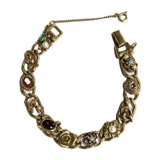 Vintage Victorian Revival Goldette NY Slider Charm Bracelet Gold Tone Signed