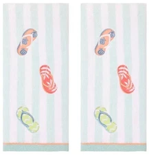 Celebrate Summer Flip Flop Embroidered Beach Cottage Cotton Bath Hand Towels 2pk