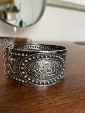  Vintage 1950s Tunisian silver Berber cuff bracelet with locking pin moon stars