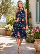 Vince Camuto Floral Sheer Sleeveless Halter Neck Lined Dress Blue Size 8
