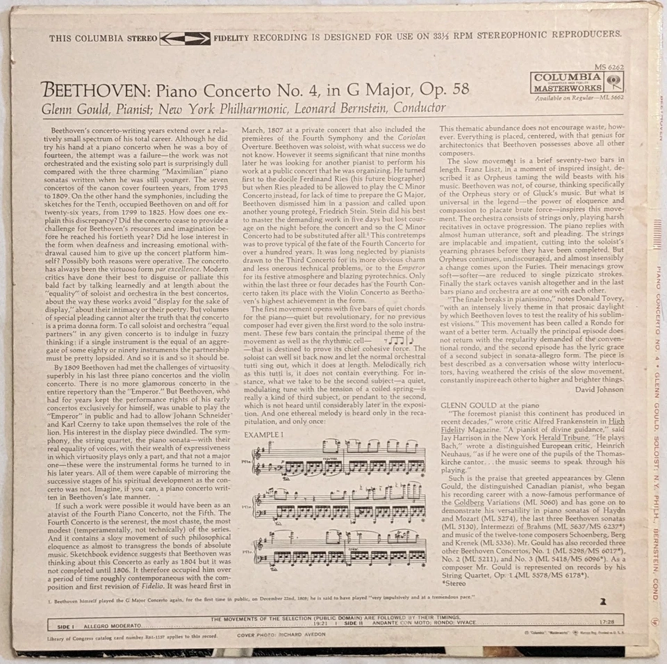 Columbia 6-EYE MS 6202 Beethoven CONCERTO N.4 Gould/ Bernstein LP stereo 2J/1G - Image 2 of 4