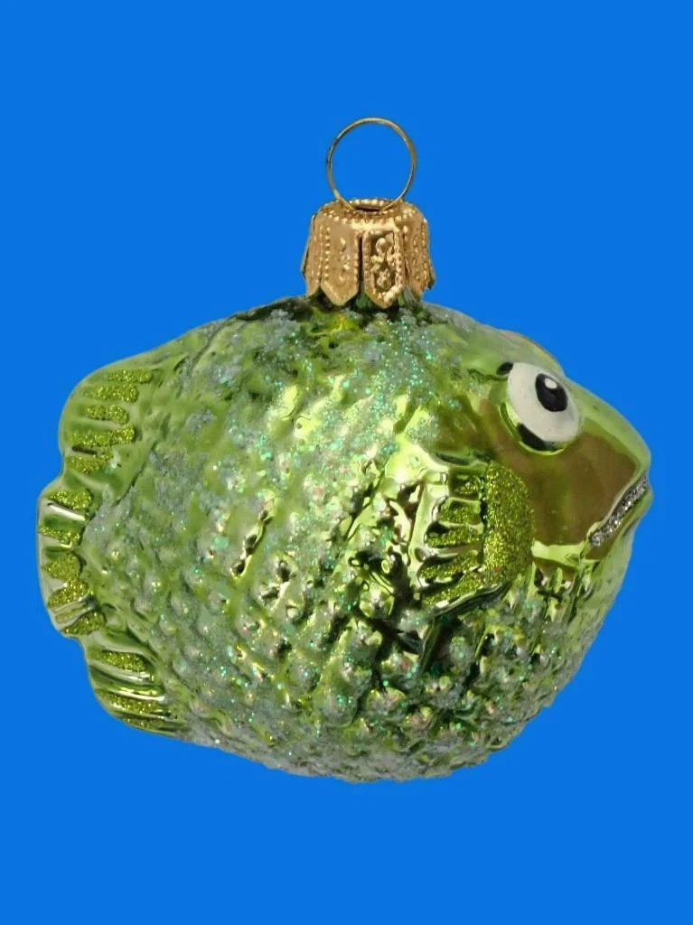 GREEN BLOWFISH EUROPEAN BLOWN GLASS CHRISTMAS TREE ORNAMENT PUFFER