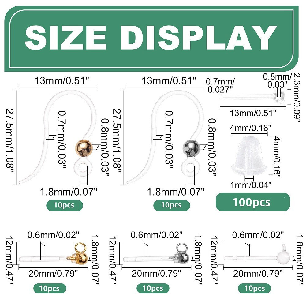 1box 160pcs 2 colors Clear Stud Earring Plastic Ear Wire Hooks Metal Head Resin