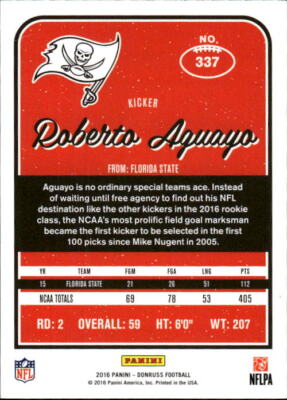 2016 Donruss Roberto Aguayo #337 Tampa Bay Buccaneers 6D