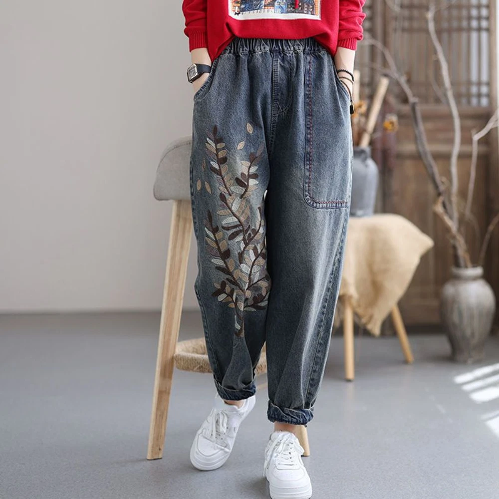 Embroidery Women Denim Jeans Trousers Tapered Pants High Waist Casual Floral