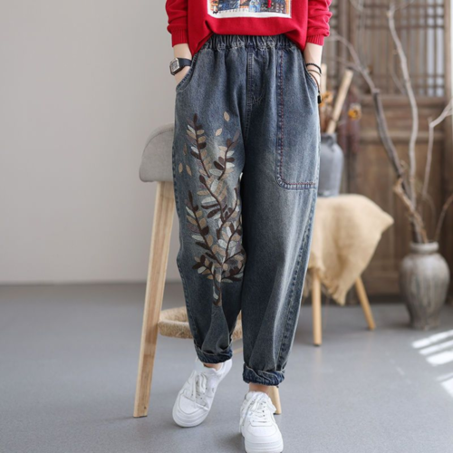 Lady Denim Jeans Casual Long Trousers Tapered Pants High Waist Floral Embroidery - Picture 1 of 13