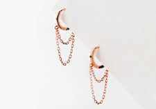 Rose Gold Double Chain Dangle Hoop Earrings, Silver Chain Small Huggie Hoops