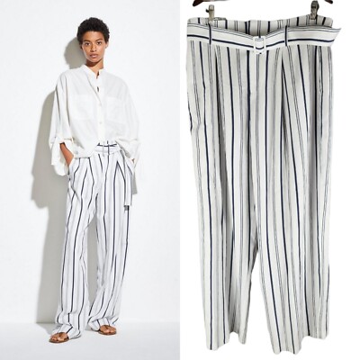 Vince Womens Dobby Striped Belted Pants Wide Leg Pleated Front