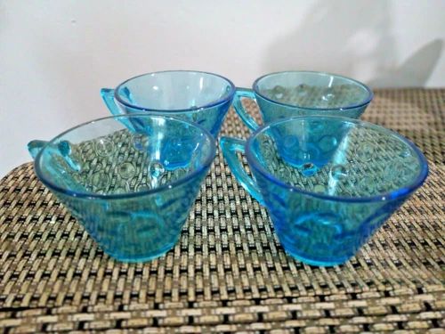 Vintage Set 4 Hazel Atlas Capri Dot Aqua Tea Cups Turquoise Blue 