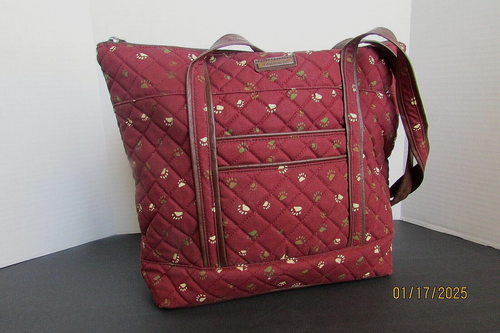 Longaberger Vintage large dog paw print Quilted burgundy shoulder tote handbag - Picture 9 of 18