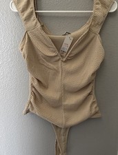 francesca's Bodysuit Beige Solid Opaque One Piece Women's Size L