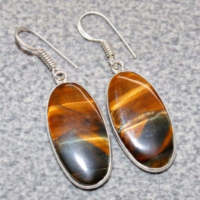 925 Silver Plated Tiger Eye Earrings 1.8'' Celebrity Style Jewelry Trendy GW