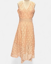 Women's Peach Floral Lace V-Neck Sleeveless A-Line Long Dress Zip Closure 40