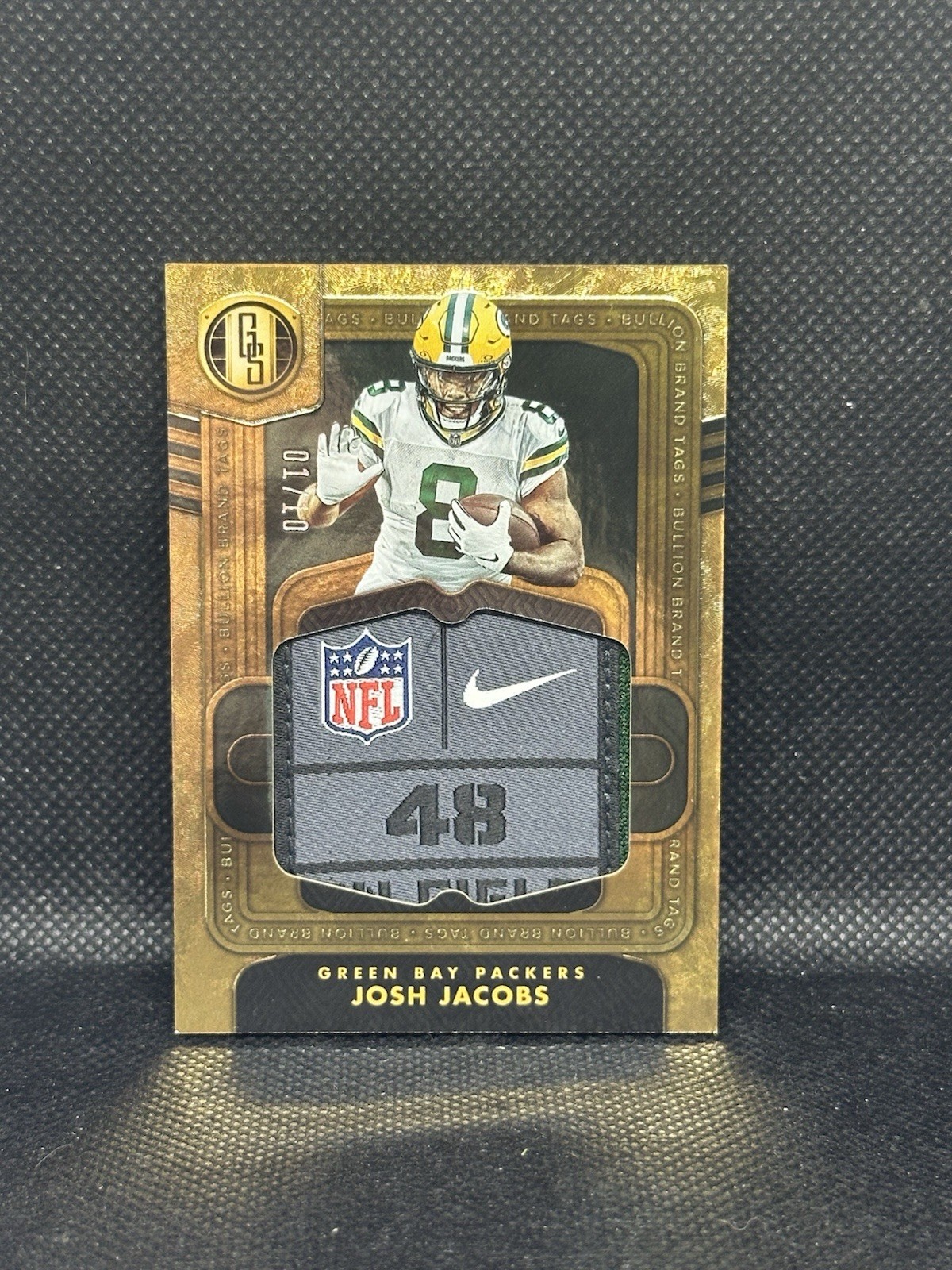 2024 Gold Standard Josh Jacobs /10 Bullion Brand Laundry Tag Gold Patch