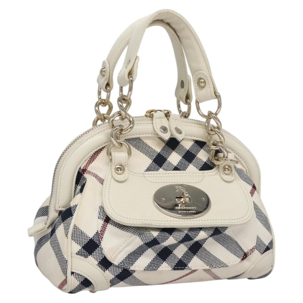 BURBERRY Nova Check Blue Label Hand Bag Canvas Leather Gold White