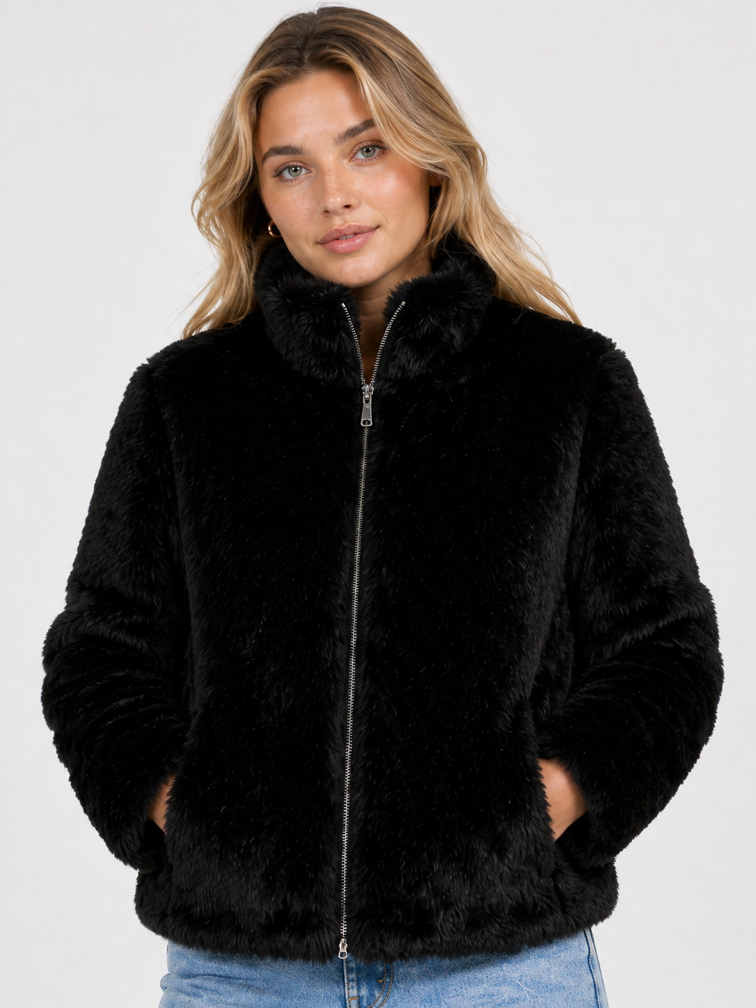 Authentic Black Fur Women  Jacket Winter Warm Coat Zip Up Casual Luxury style image 3