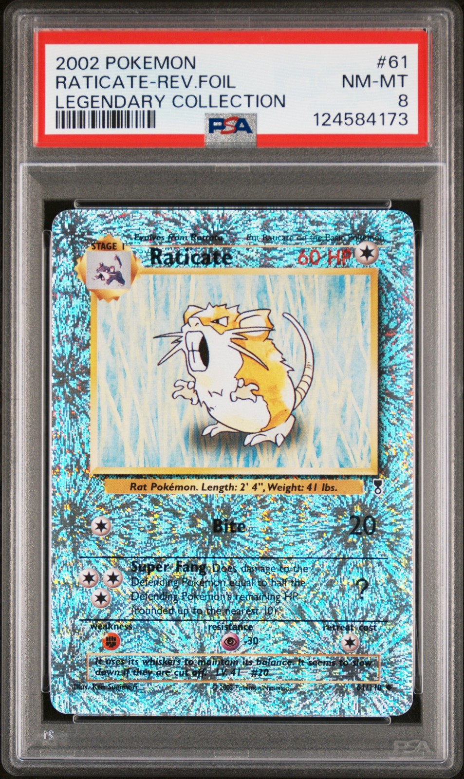 2002 POKEMON LEGENDARY COLLECTION #61 RATICATE-REVERSE FOIL PSA 8