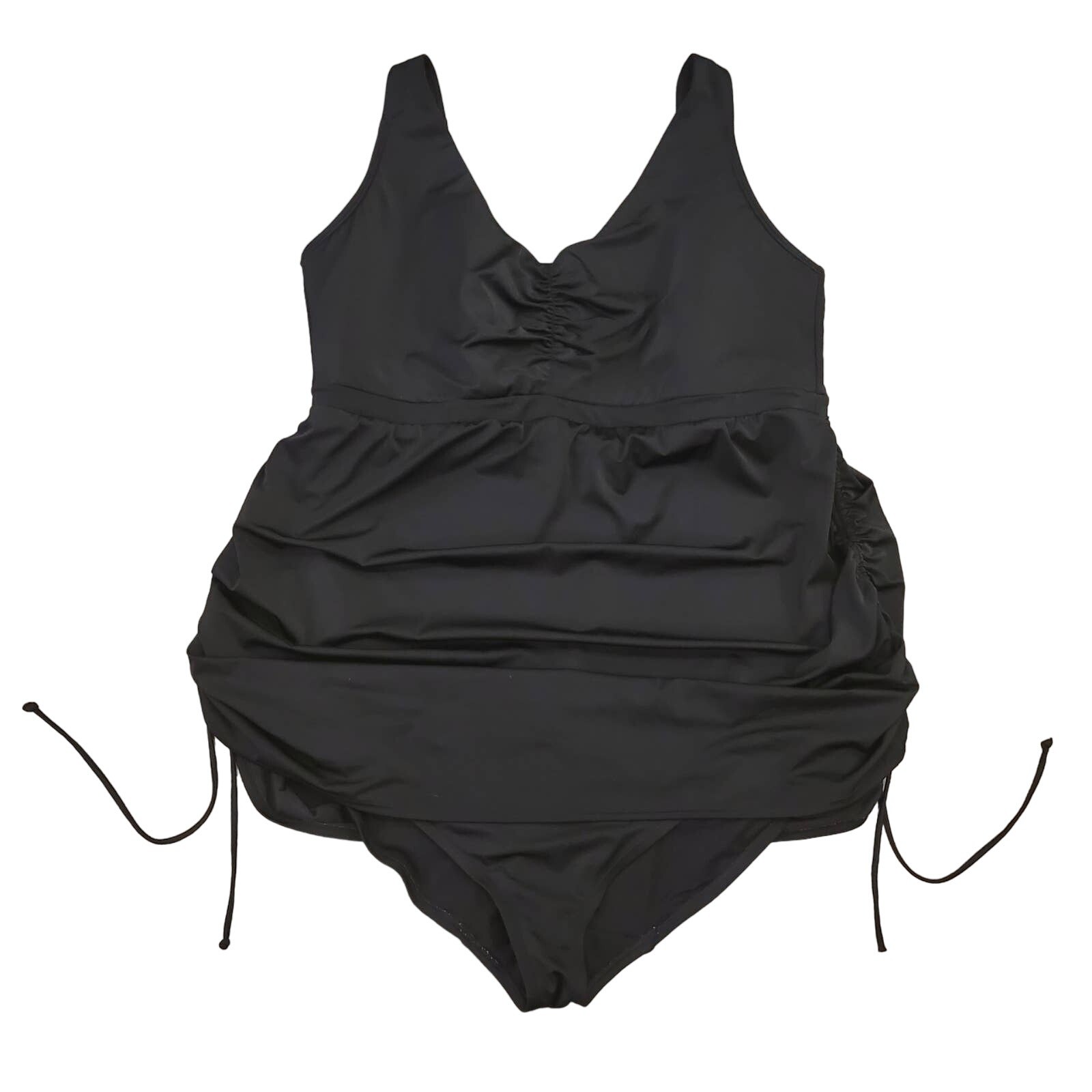 Cacique Swim Dress Womens Size 26 One Piece Side Ruched Adjustable V Neck Black