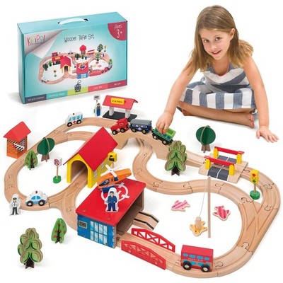 Wooden Train Set - 69 Pieces Wooden Train Tracks & Trains for Kids, Toddler B...