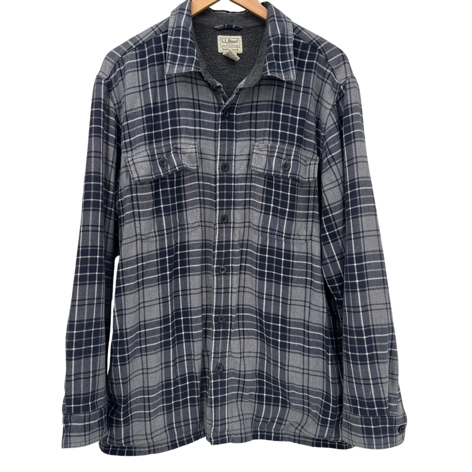 Men's LL Bean Fleece-Lined Gray Plaid Shacket – Large Trad Fit Flannel Shirt Jacket