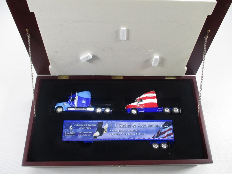 Ltd. J.J. Keller 2 Freightliner Trucks and Trailer Set in Nice Wooden case 1/64 - Image 2 of 4