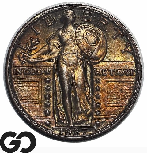 1927 Standing Liberty Quarter, Beautiful Color Toner, Strong Head, BU++