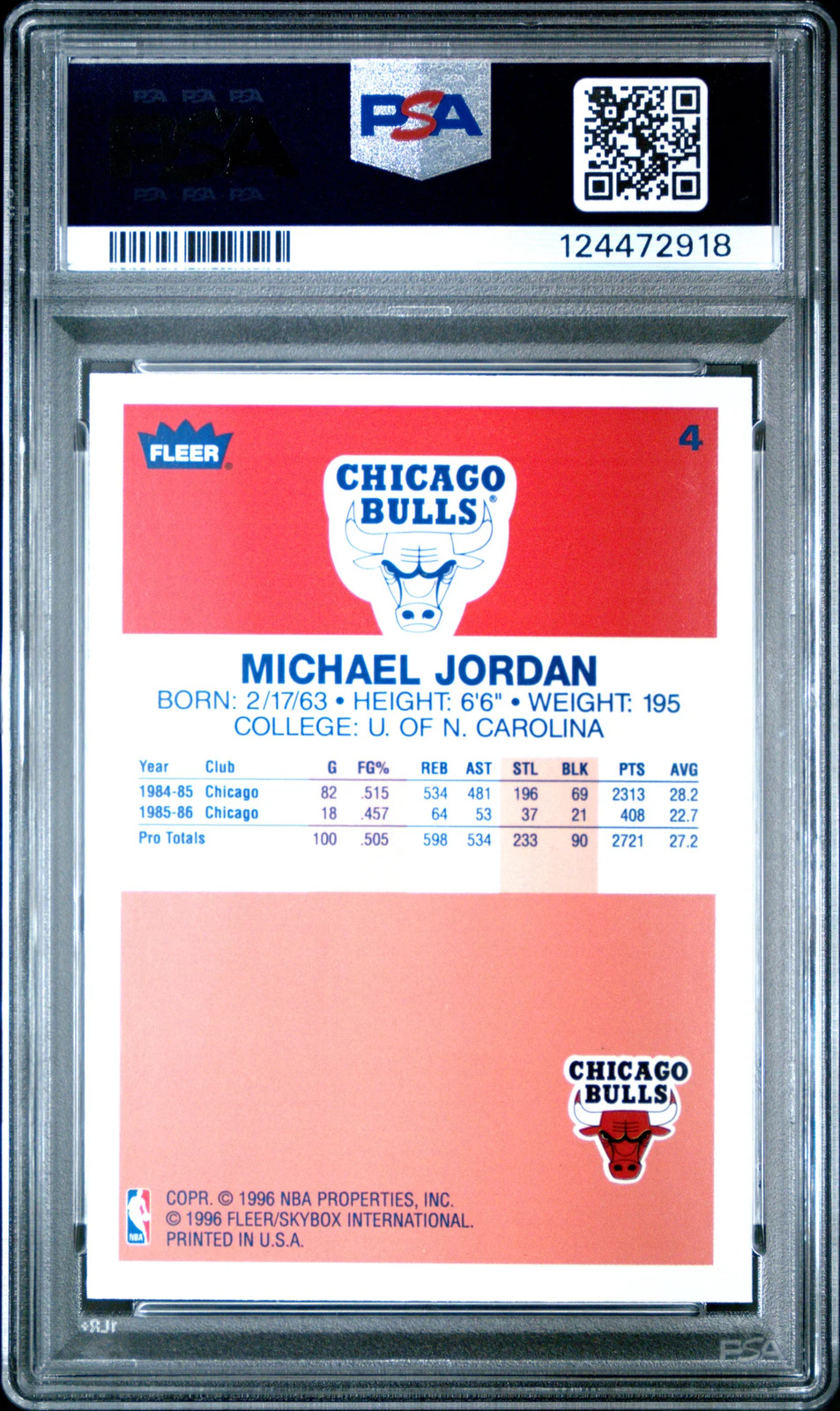 1996 Fleer Decade of Excellence Michael Jordan PSA 9 || 1986 Rookie Style (2918) view 2