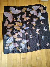 Talbots 100 Silk Scarf Multicolor Floral Butterfly Black Vtg 36" Square Boho