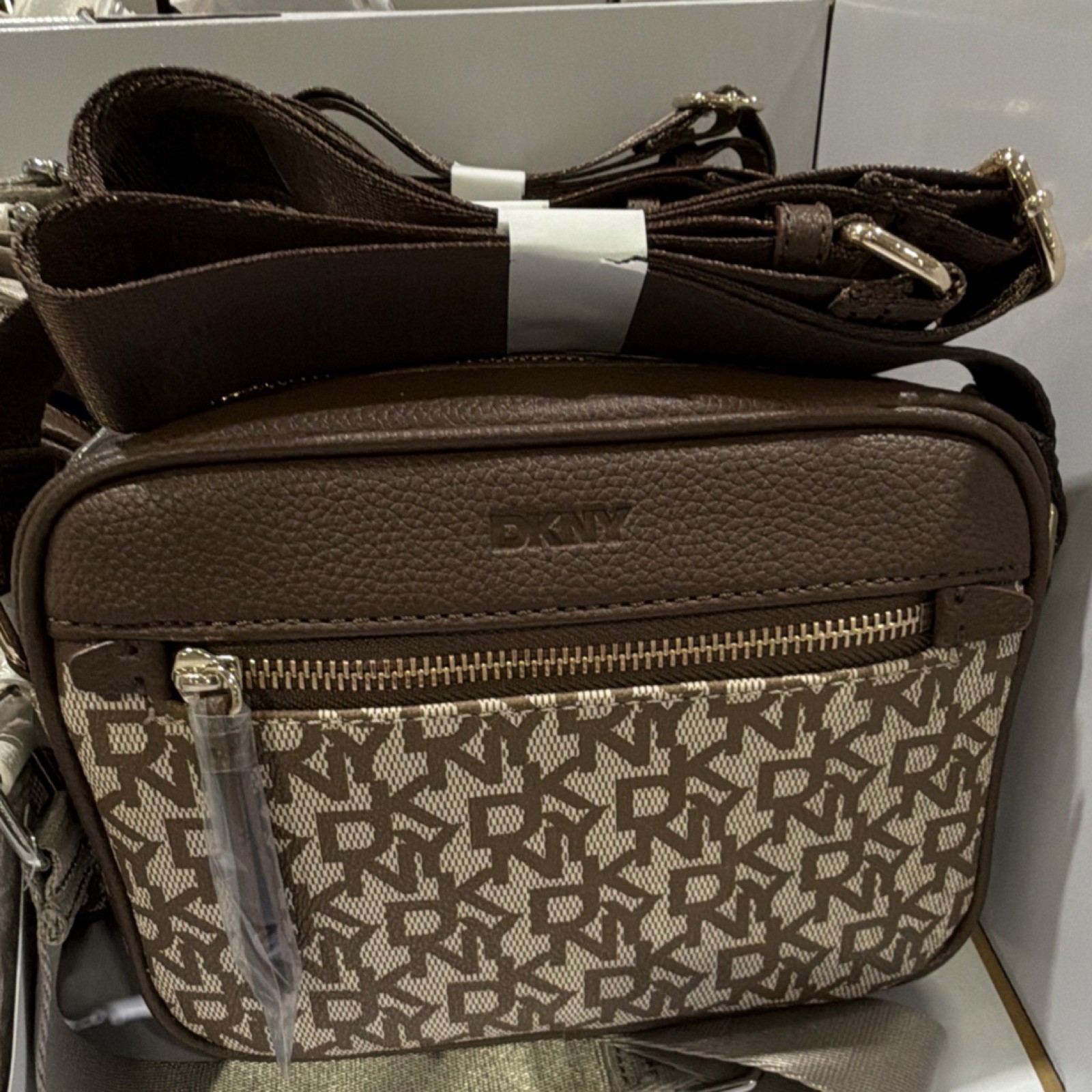 DKNY Brown Beige Logo Pattern Shoulder Bag with Adjustable Strap Gold Hardware
