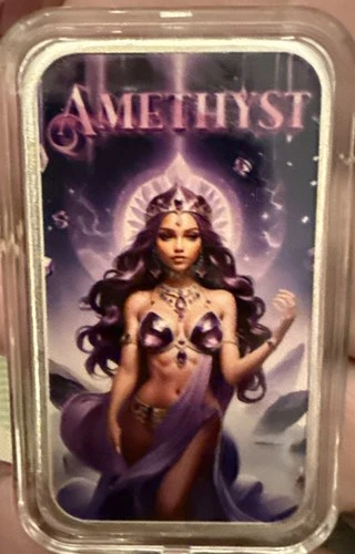 GEMSTONE GODDESSES Amethyst 1oz Silver Bullion Art Bar. Encapsulated