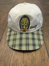 VTG Tweety Bird Hat Looney Tunes Plaid Bill White Green One Size Fits Most