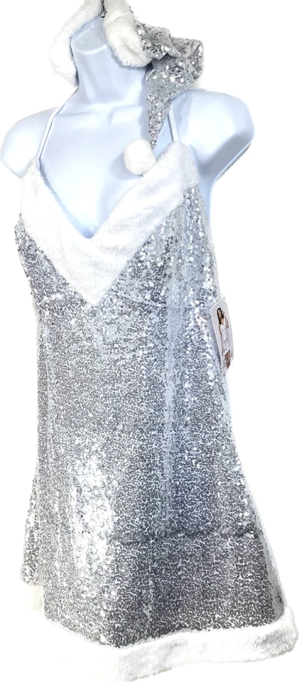 Novo com etiquetas-Dreamgirl XL Santa Chemise com malha de lantejoulas prata e forro 12115X prata - Imagem 2 de 4