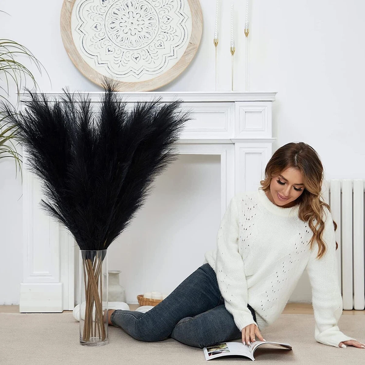 Faux Black Pampas Grass w 8 Large Artificial Pampas Grass Stems 38