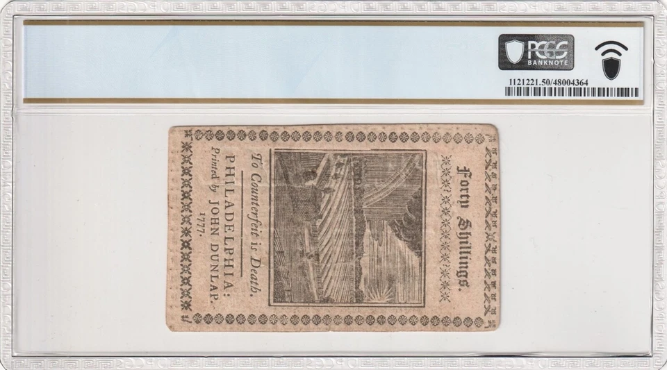 Pennsylvania April 10, 1777 40 Shillings Red & Black PA-223b -PCGS ABOUT UNC 50 - Image 2 of 2