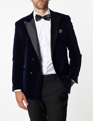 Men Navy Velvet Double Breasted Dinner Jacket Peak Lapel