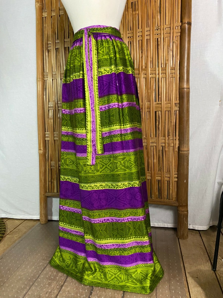 Vtg 70s Pykettes Maxi Extra Long Wrap Skirt Purple Green Stripes