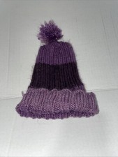 Hand knit stocking cap teens purples pom-pom warm hat, one-size-fits-all soft