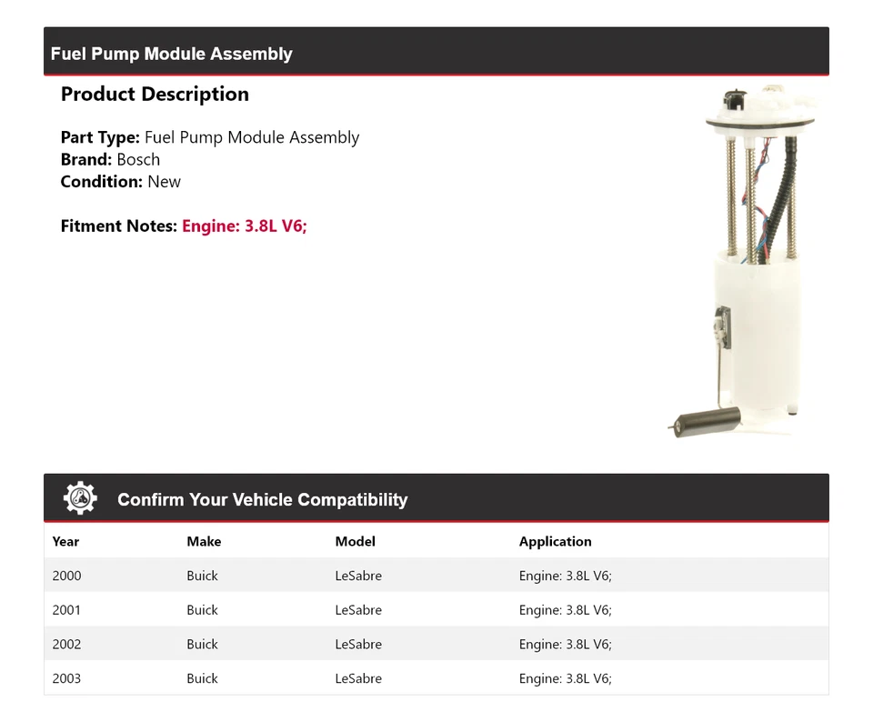 Conjunto de módulo de bomba de combustible Bosch para Buick LeSabre 2000-2003 3,8 L V6 2001 2002 Foto 2 de 4