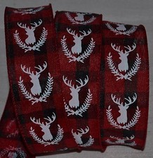 Wired Ribbon Christmas White Buck Holiday Red Plaid 1.5" Black Deer Wreath Bow