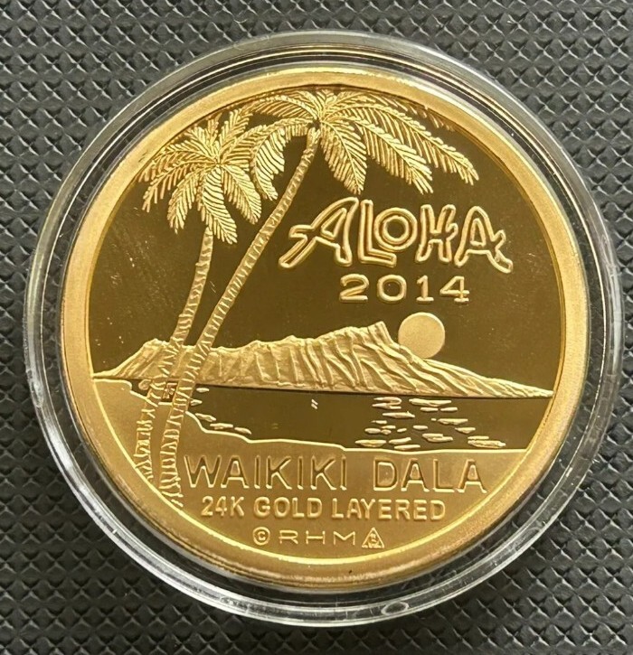 HAWAII 2014 GOLD LAYERED Waikiki Dala TOKEN MEDAL SURFER *RHM* W/ COA