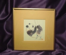 Watercolor Panda Bear Eating Bamboo Art Print Framed Vintage Art SIGNED