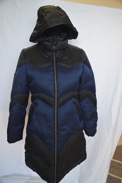 Ochirly long down / padded jacket...hood...blue/ black...size AUS 6/8?, Asia M