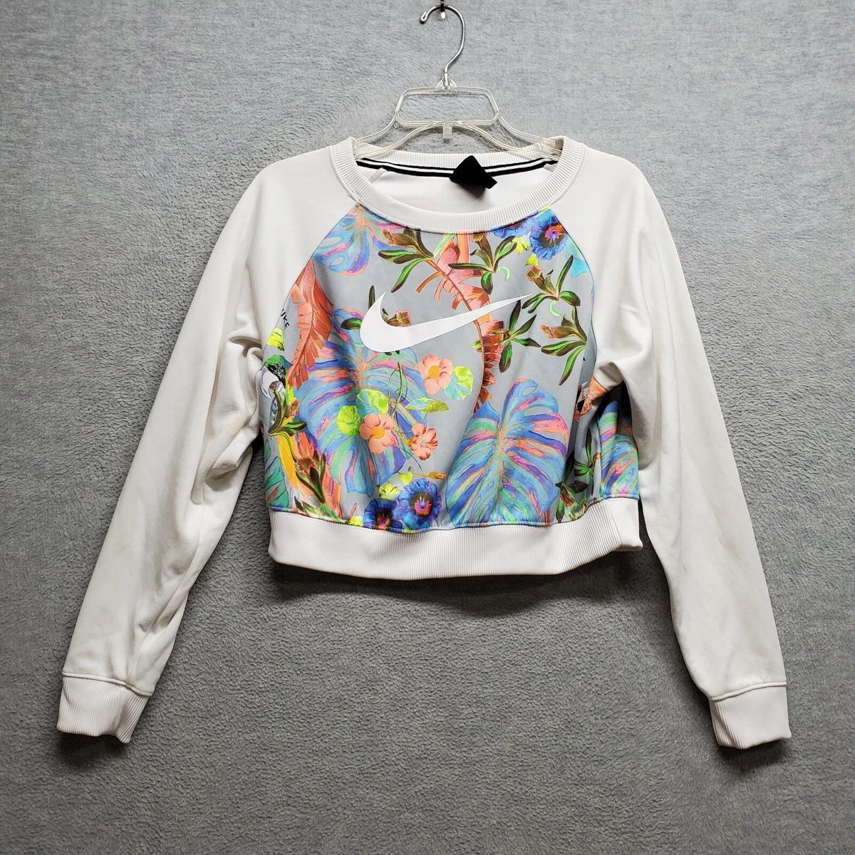 Nike Women Sweatshirt Small White Y2K Cropped Ultra Femme Tropical Floral READ