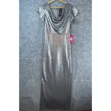 Halston Heritage Sequined Gown Women 8 Gunmetal Cowl Neck Sparkle Glam MOB Dress