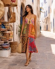 Farm Rio Vibrant Mixed Scarves Midi Dress - XS