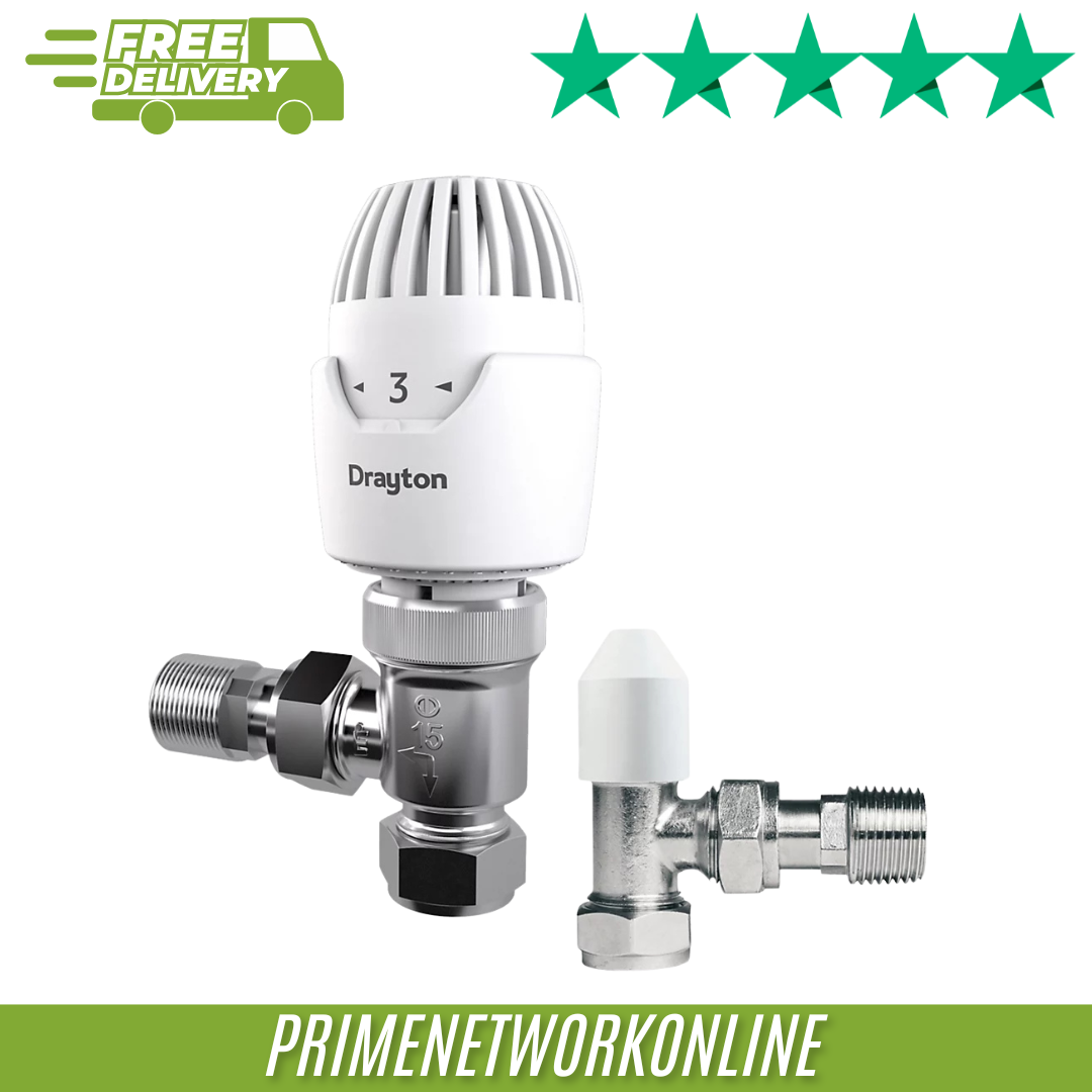 Drayton RT212 White/Chrome Angled Radiator Valve & Lockshield (15mm)